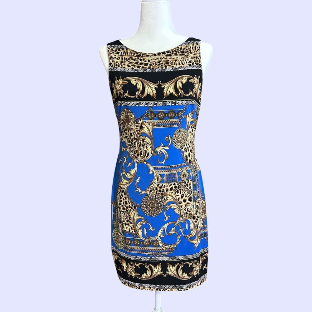 8 M Vintage Cache Dress Baroque Cheetah Greek Print Office Siren Club Stretchy